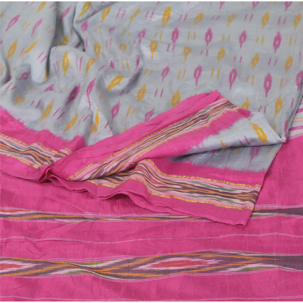 Sanskriti Vintage Grey Saree Pure Silk Fabric Traditional Ikat Woven Work Patola Sari