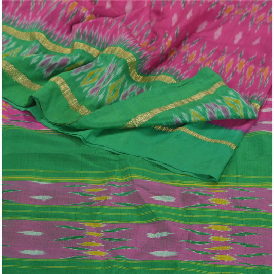 Sanskriti Vintage Pink Saree 100% Pure Silk Sustainable Fabric Woven Patola Ikat Woven Work 5 YD Sari