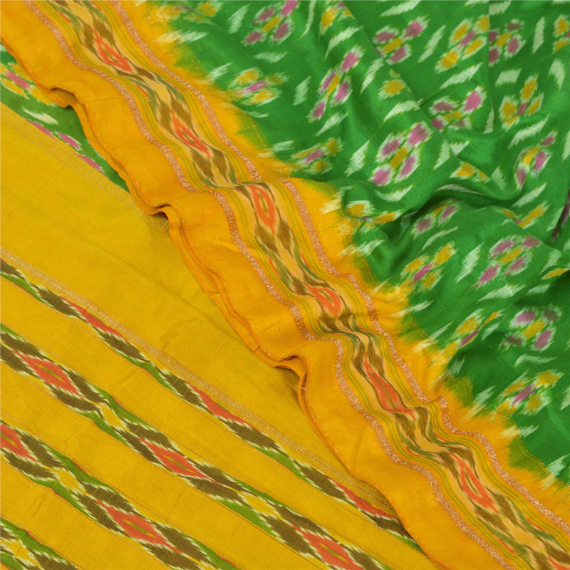 Sanskriti Vintage Saree 100% Pure Silk Fabric Pochampally Hand Ikat Woven Green & Yellow Saree 5Yd Craft Supplies Sari Golden Zari Woven