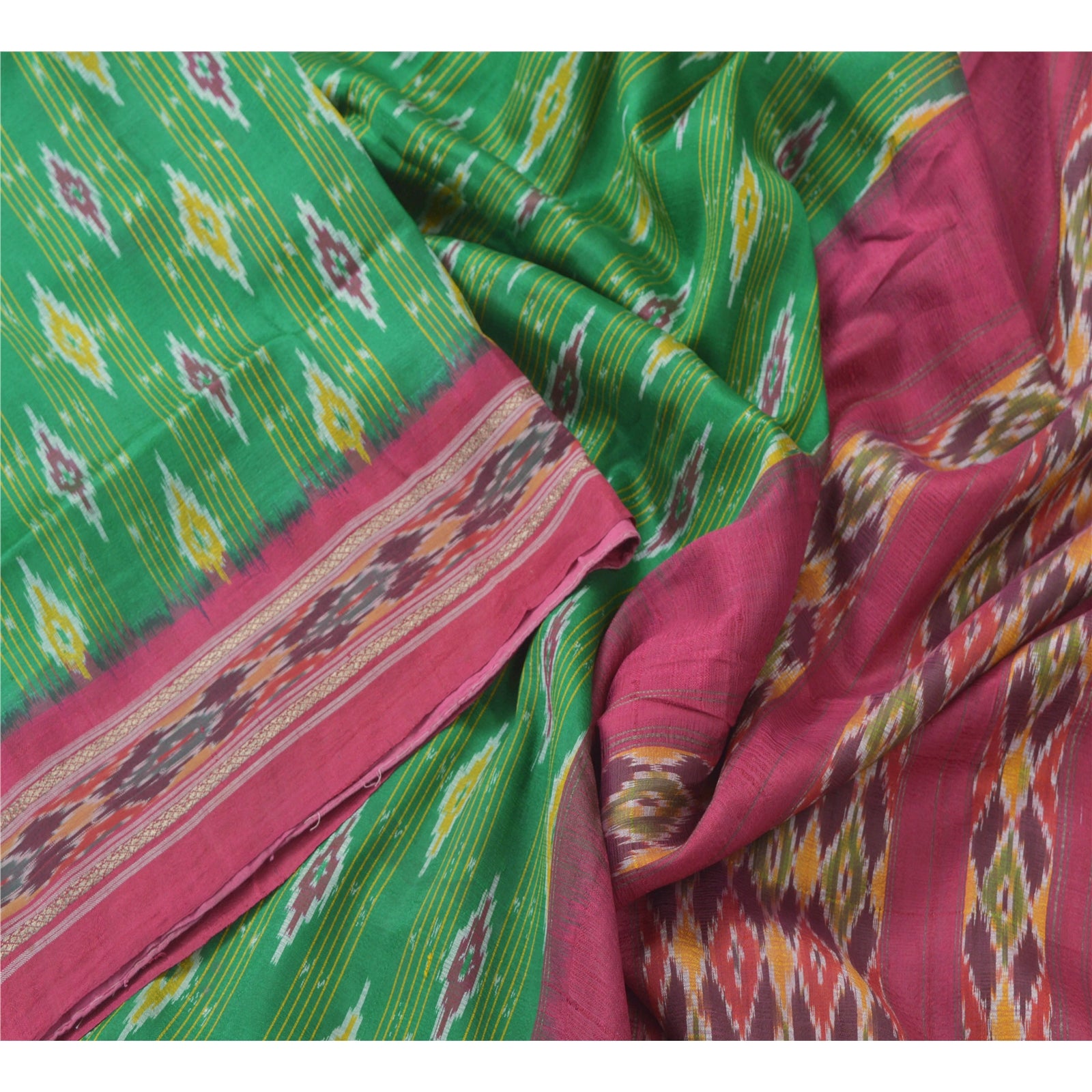 Sanskriti Vintage Green Silk Sari: Woven Patola Ikat Fabric, 5 Yard Ethnic Textile by