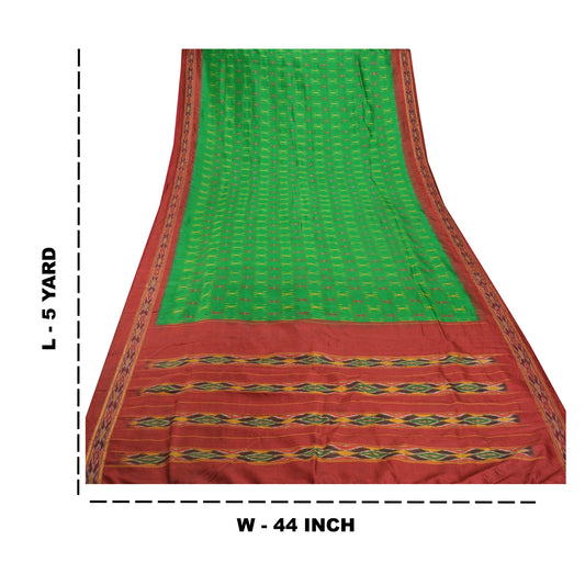 Sanskriti Vintage Pochampally Woven Ikat Sarees Pure Silk Green Sari Sustainable Fabric