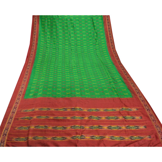 Sanskriti Vintage Pochampally Woven Ikat Sarees Pure Silk Green Sari Sustainable Fabric