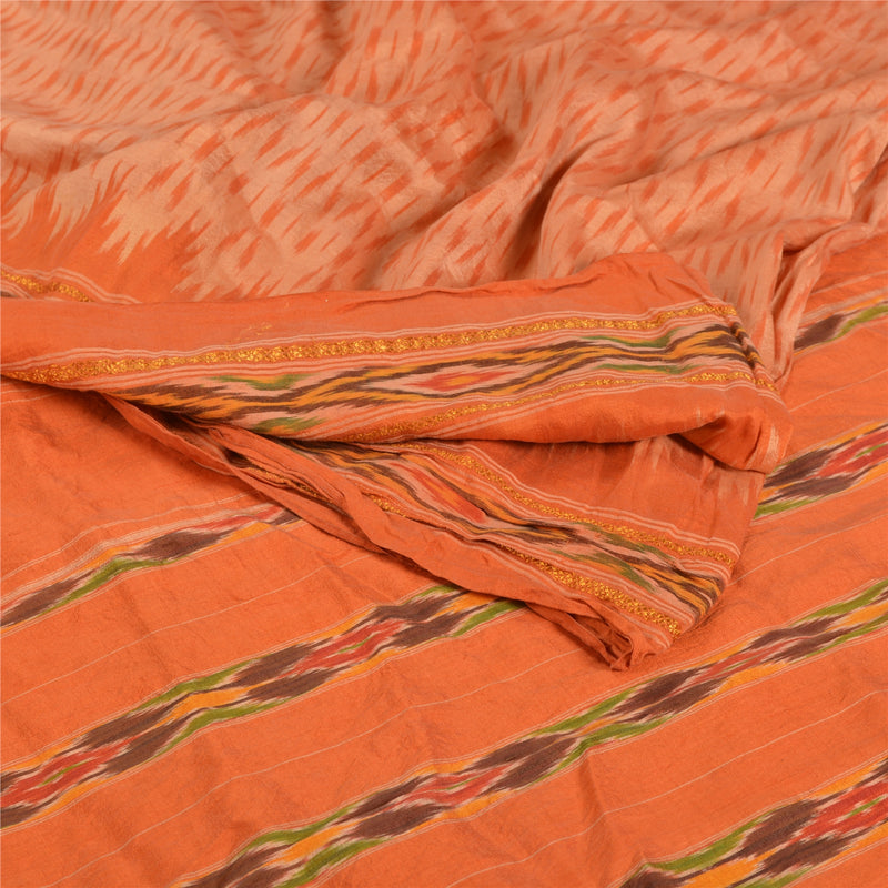 Sanskriti Vintage Sari 100% Pure Silk Saffron Sarees Woven Pochampally Ikat 5yd Craft Fabric