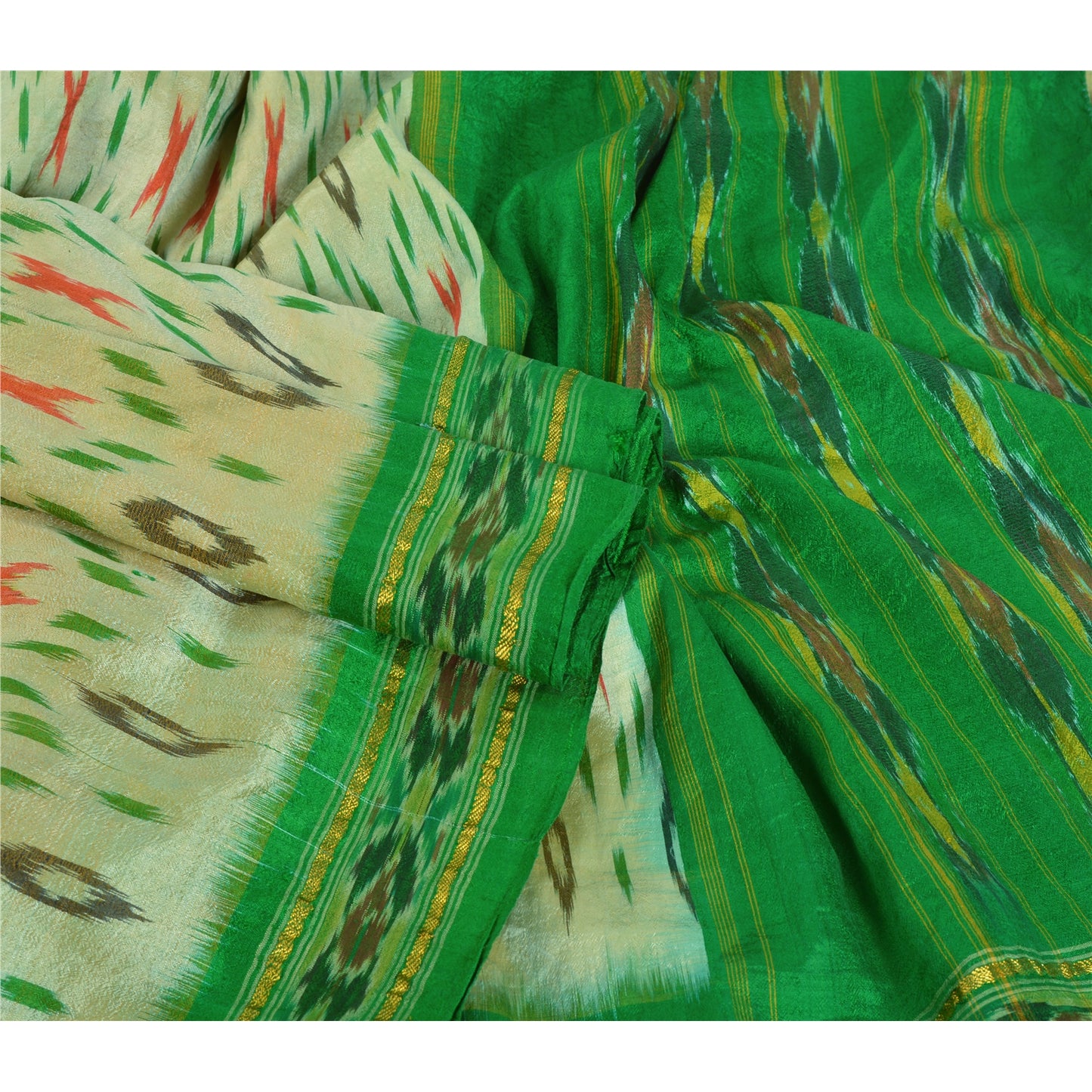 Sanskriti Vintage Green Sarees Pure Silk Ethnic Woven Patola Ikat Sustainable Fabric Sari