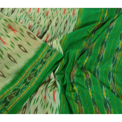 Sanskriti Vintage Green Sarees Pure Silk Ethnic Woven Patola Ikat Sustainable Fabric Sari