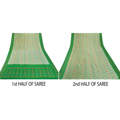 Sanskriti Vintage Green Sarees Pure Silk Ethnic Woven Patola Ikat Sustainable Fabric Sari