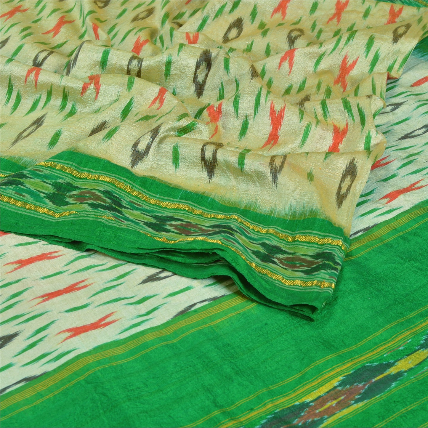 Sanskriti Vintage Green Sarees Pure Silk Ethnic Woven Patola Ikat Sustainable Fabric Sari