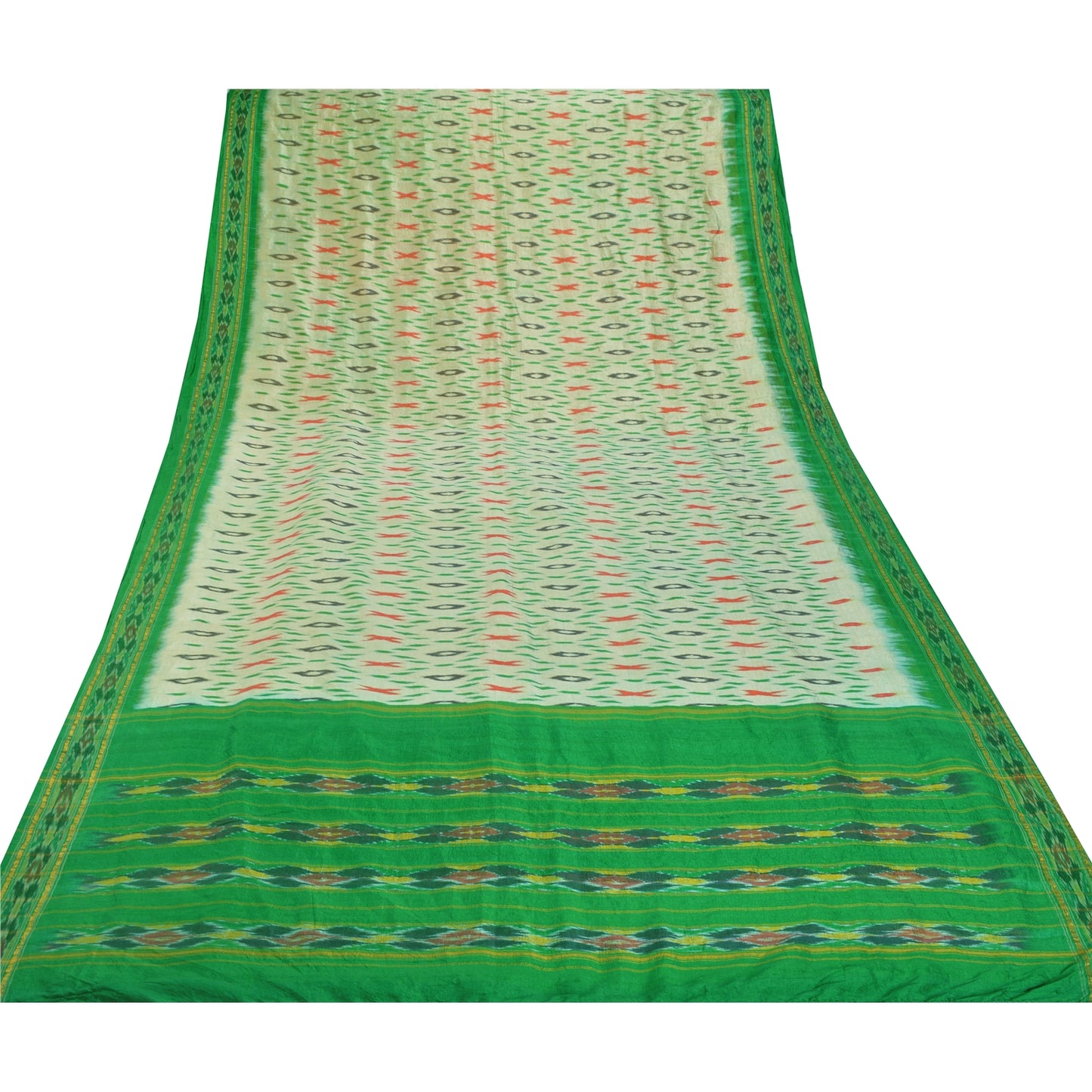 Sanskriti Vintage Green Sarees Pure Silk Ethnic Woven Patola Ikat Sustainable Fabric Sari