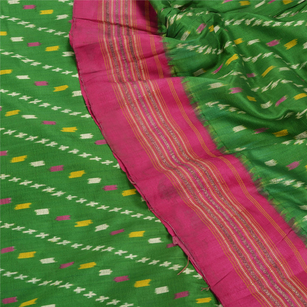 Sanskriti Vintage Green Sarees 100% ren silkevævet Patola Ikat Bæredygtigt stof 5 YD Sari