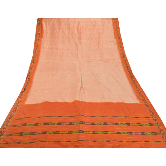 Sanskriti Vintage Peach Sarees 100% Pure Silk Woven Patola Ikat Sustainable Fabric 5 YD Sari