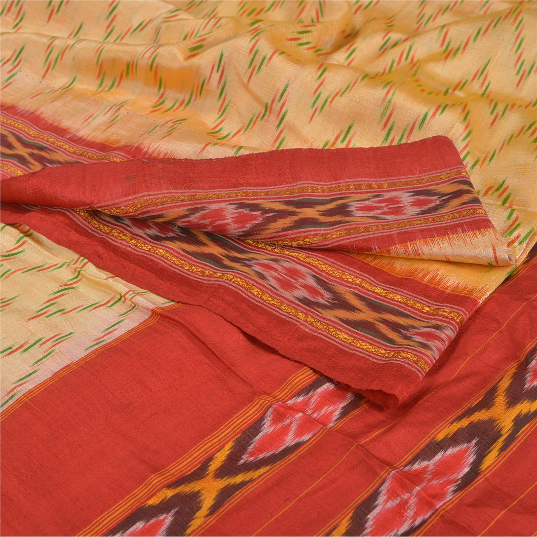 Sanskriti Vintage Cream Sarees 100% Pure Silk Woven Patola Ikat Fabric Sari