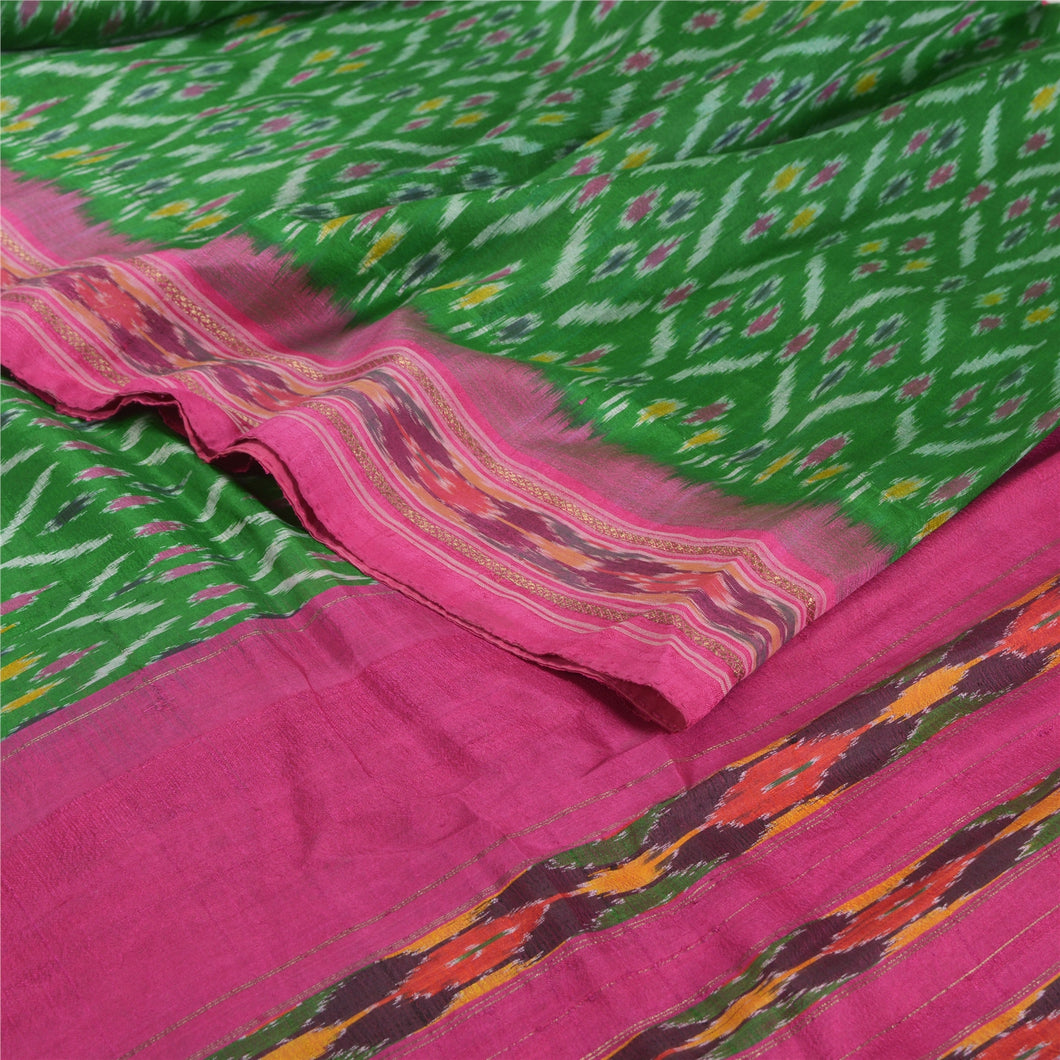 Sanskriti Vintage Green Sarees 100% Pure Silk Woven Patola Ikat Fabric 5 YD Sari