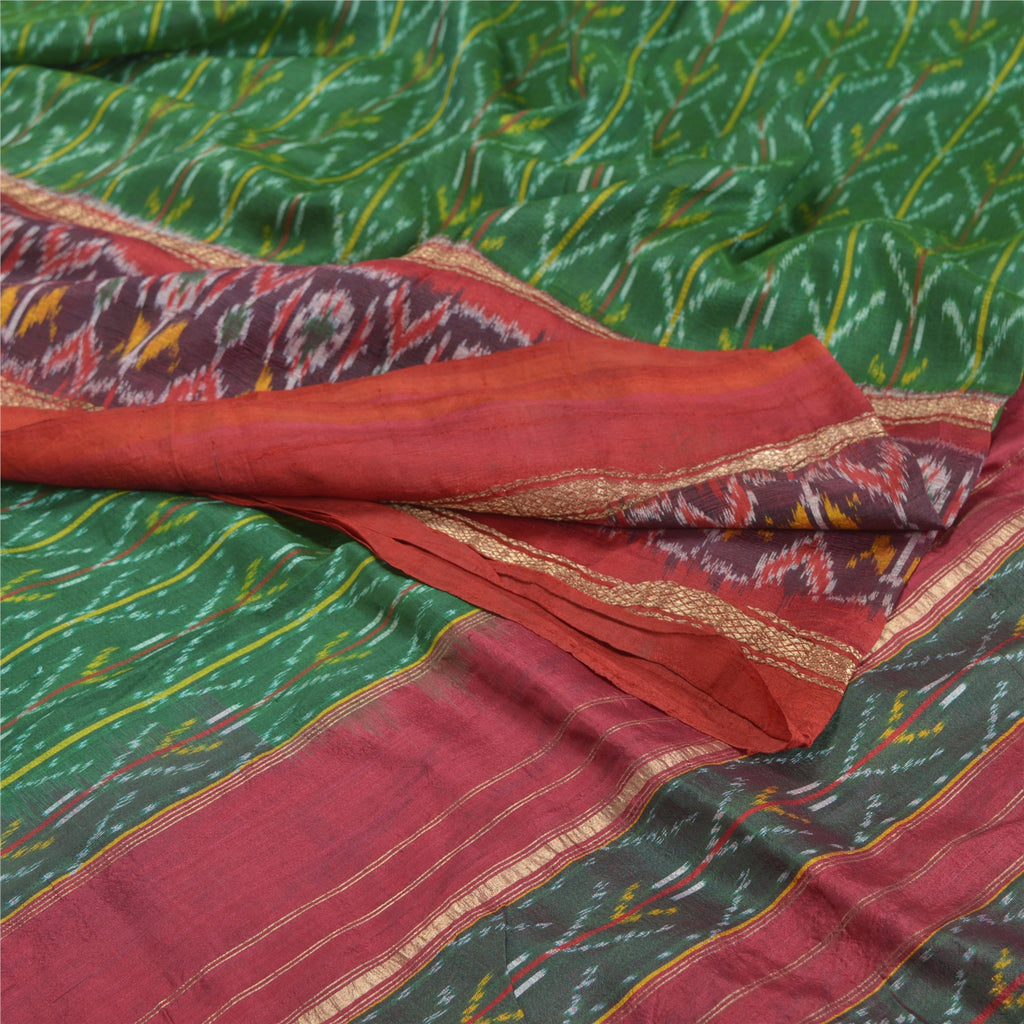 Sanskriti Vintage Sari 100% Pure Silk Rare Green Pochampally Ikat Saree Handwoven 5yd Craft Fabric