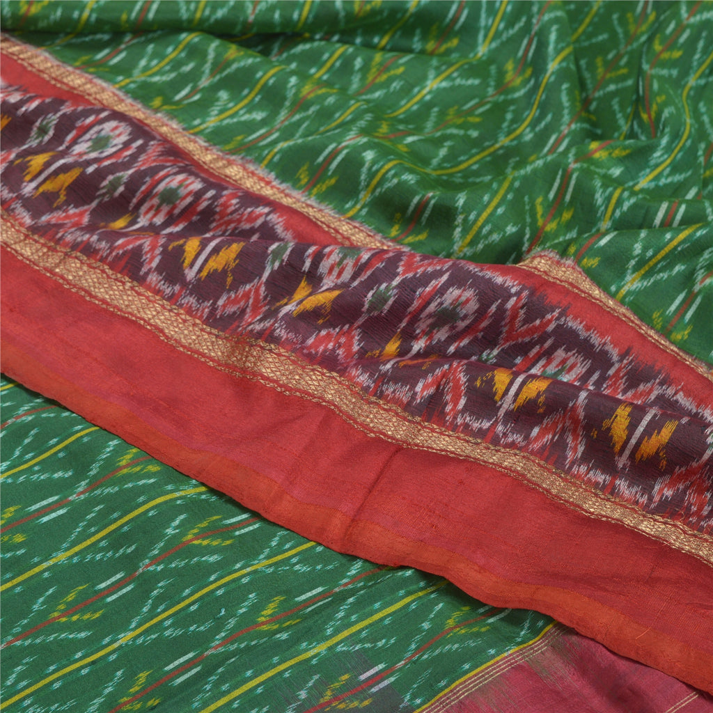 Sanskriti Vintage Sari 100% Pure Silk Rare Green Pochampally Ikat Saree Handwoven 5yd Craft Fabric