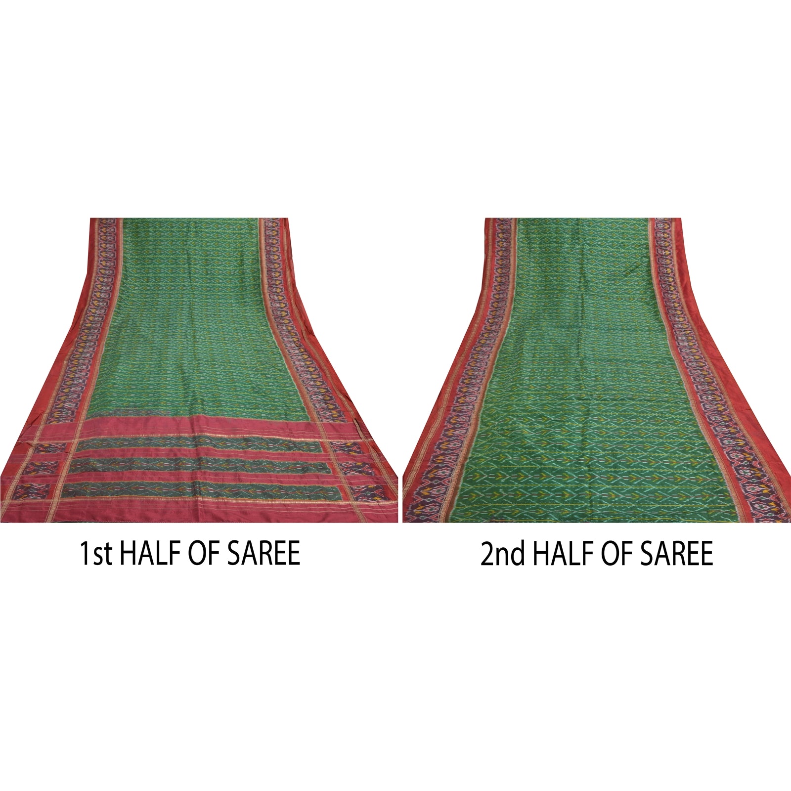 Sanskriti Vintage Sari 100% Pure Silk Rare Green Pochampally Ikat Saree Handwoven 5yd Craft Fabric