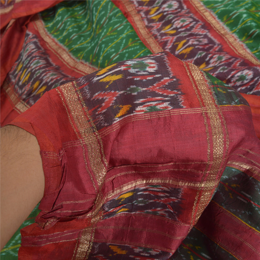 Sanskriti Vintage Sari 100% Pure Silk Rare Green Pochampally Ikat Saree Handwoven 5yd Craft Fabric