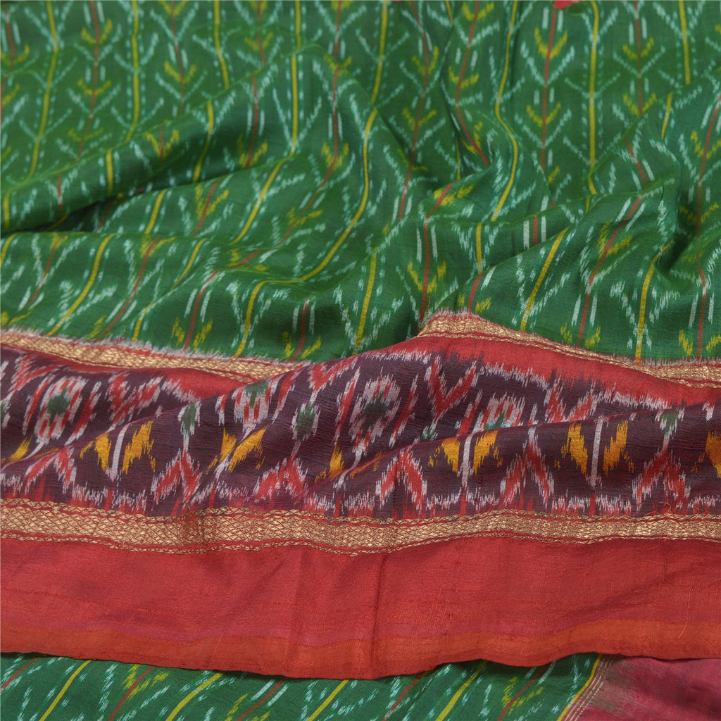 Sanskriti Vintage Sari 100% Pure Silk Rare Green Pochampally Ikat Saree Handwoven 5yd Craft Fabric