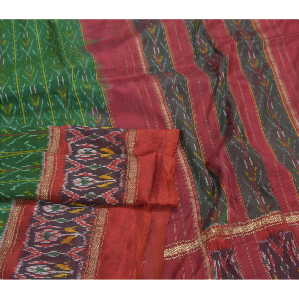 Sanskriti Vintage Sari 100% Pure Silk Rare Green Pochampally Ikat Saree Handwoven 5yd Craft Fabric