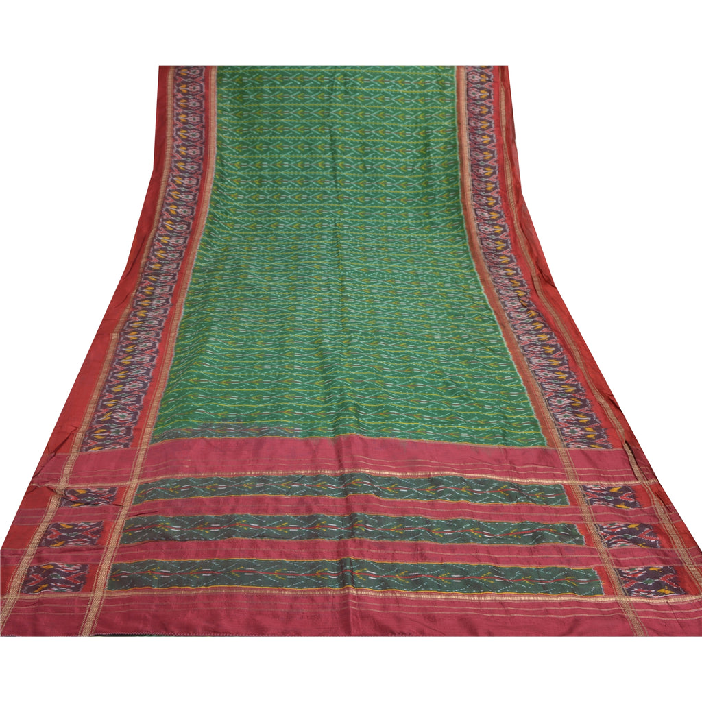 Sanskriti Vintage Sari 100% Pure Silk Rare Green Pochampally Ikat Saree Handwoven 5yd Craft Fabric