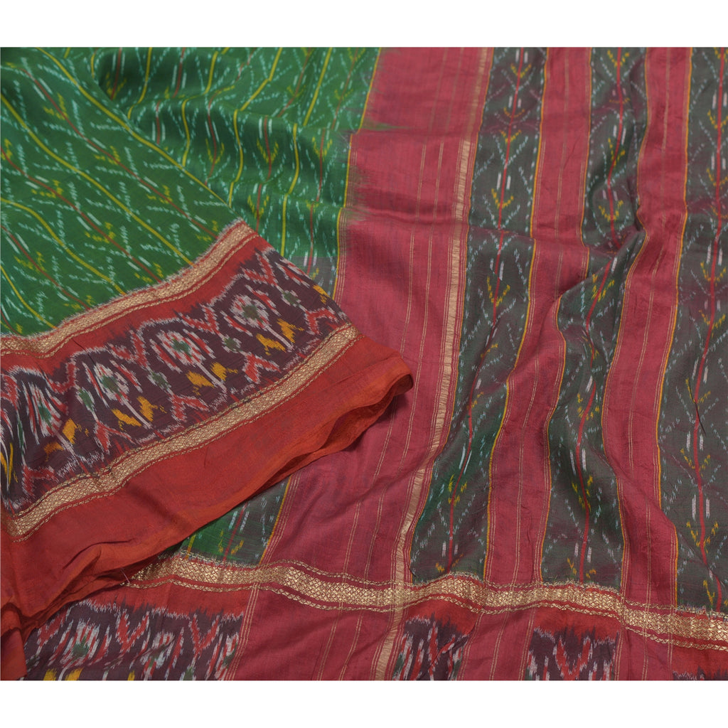 Sanskriti Vintage Sari 100% Pure Silk Rare Green Pochampally Ikat Saree Handwoven 5yd Craft Fabric