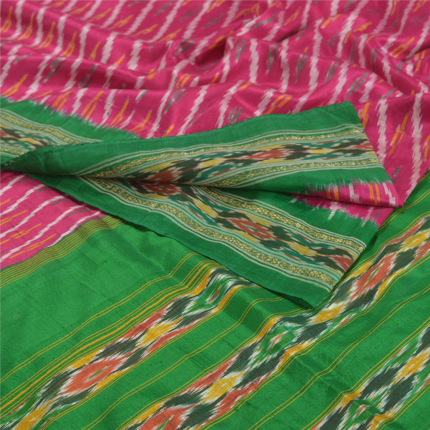 Sanskriti Vintage Pink Pochampally Ikat Sarees Handwoven Pure Silk Sari Sustainable Fabric