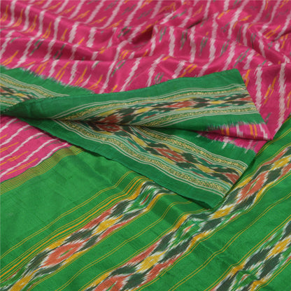 Sanskriti Vintage Pink Pochampally Ikat Sarees Handwoven Pure Silk Sari Sustainable Fabric
