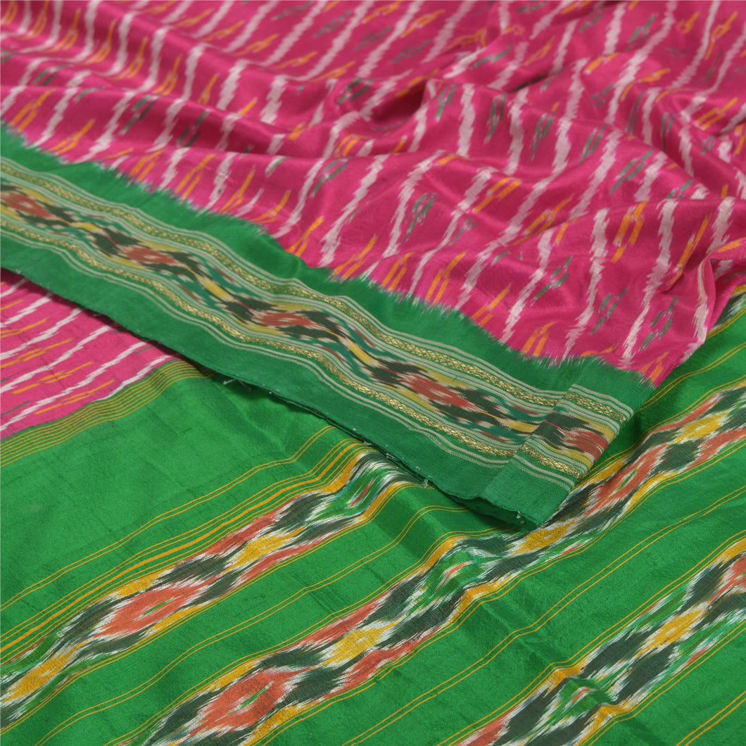 Sanskriti Vintage Pink Pochampally Ikat Sarees Handwoven Pure Silk Sari Fabric
