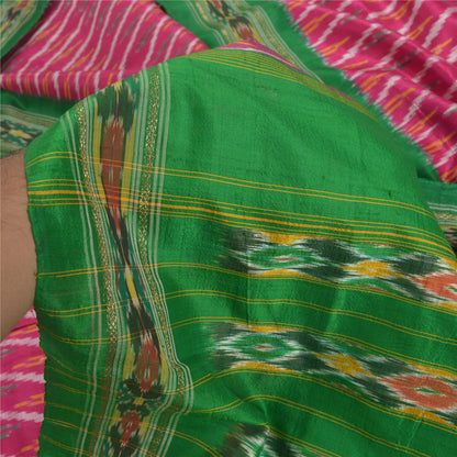 Sanskriti Vintage Pink Pochampally Ikat Sarees Handwoven Pure Silk Sari Sustainable Fabric