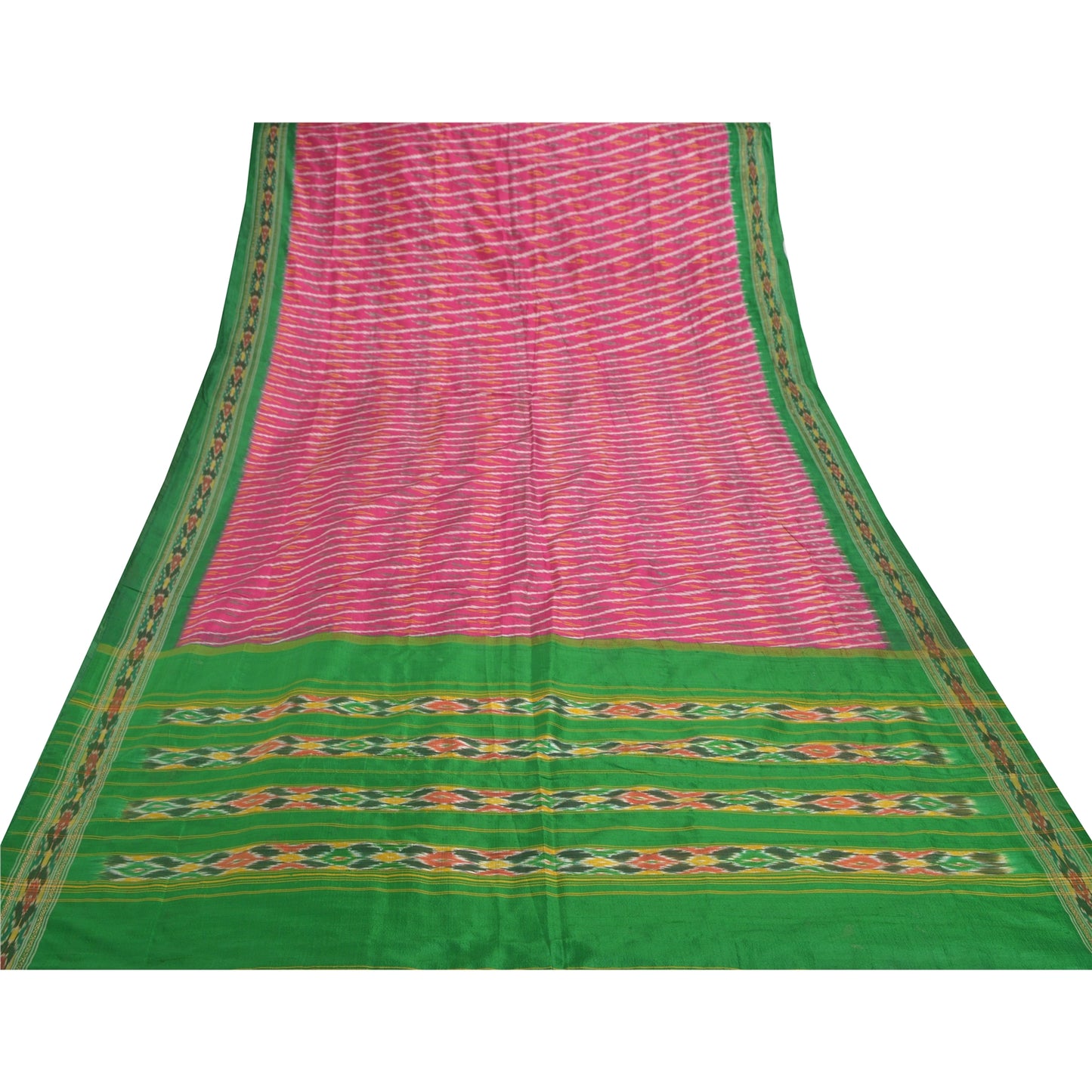Sanskriti Vintage Pink Pochampally Ikat Sarees Handwoven Pure Silk Sari Sustainable Fabric