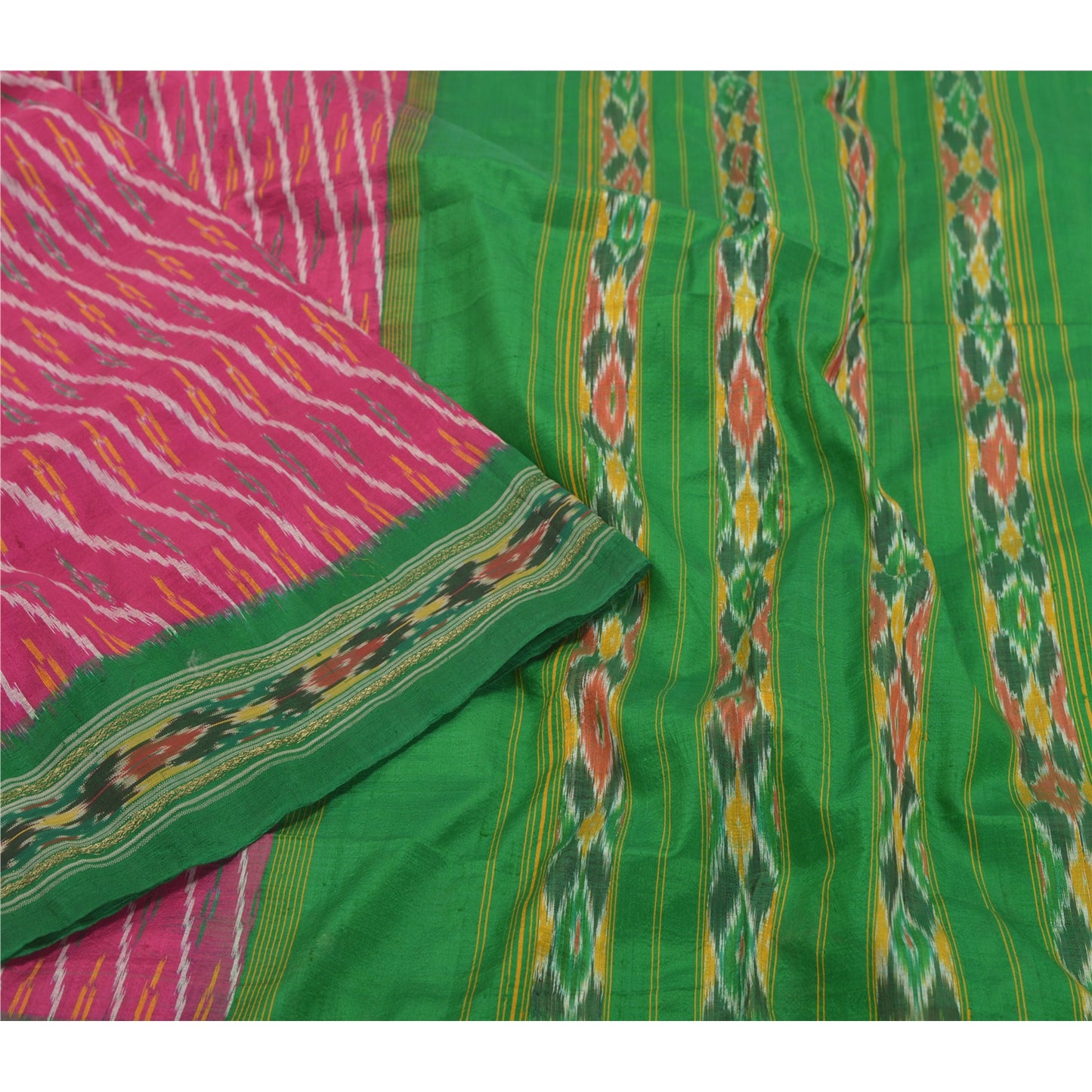 Sanskriti Vintage Pink Pochampally Ikat Sarees Handwoven Pure Silk Sari Sustainable Fabric