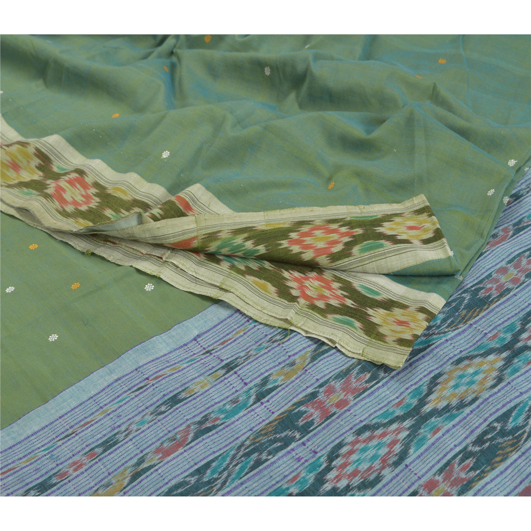 Sanskriti Vintage Rare Green Sambalpuri Ikat Sarees Handwoven Cotton Sari Fabric