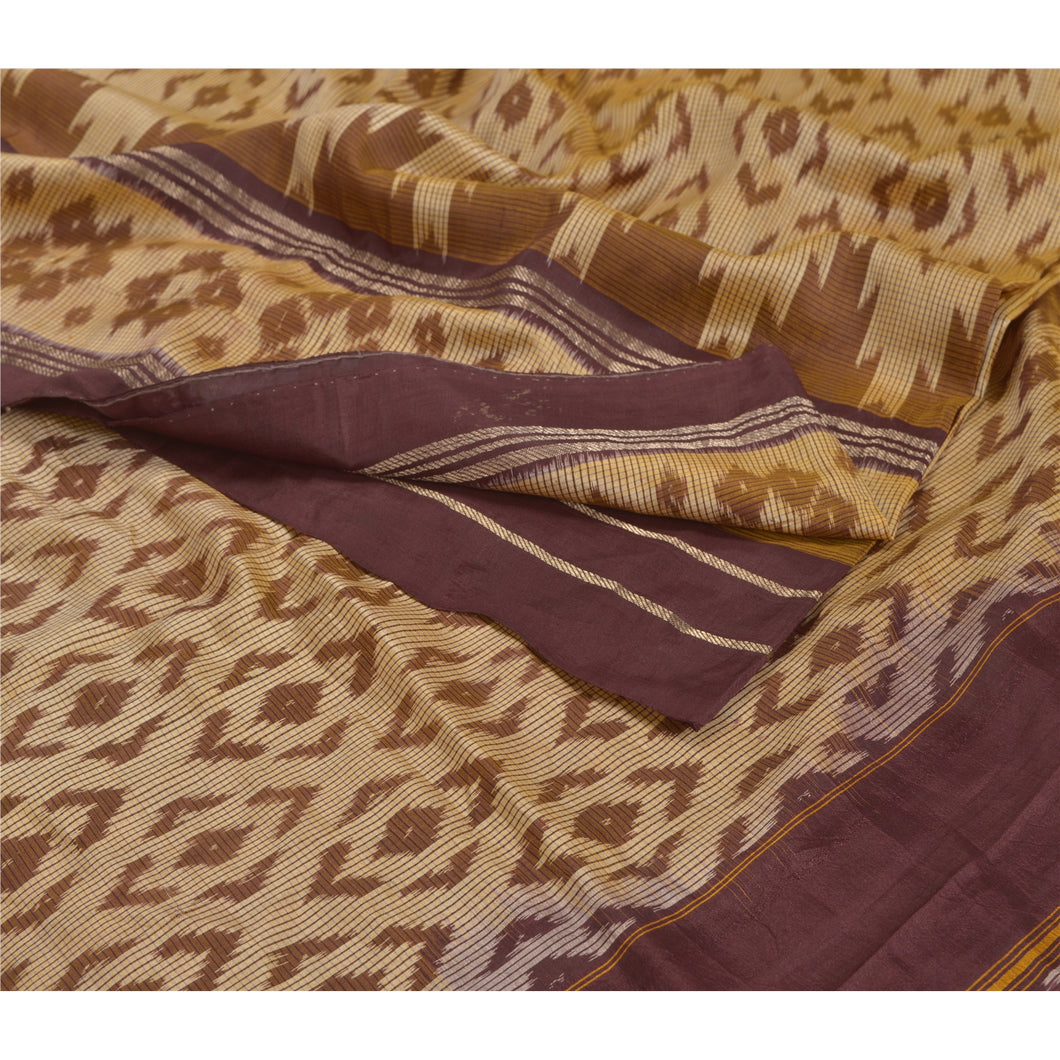Sanskriti Vintage Cream Pochampally Ikat Sarees Handwoven Pure Silk Sari Fabric