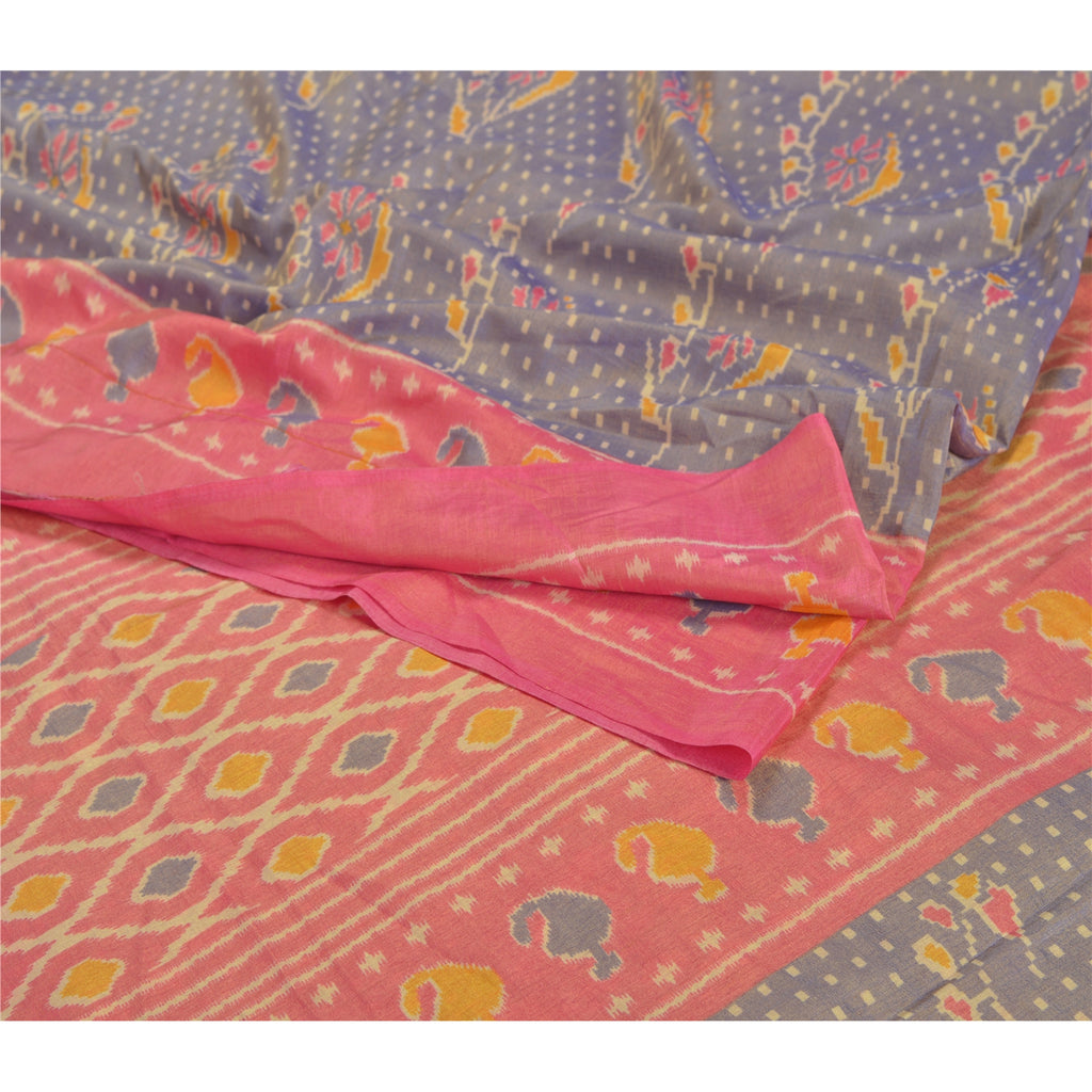 Sanskriti Vintage Sambalpuri Ikat Art Silk Saree Fabric: Handwoven Purple & Pink Floral Paisley by