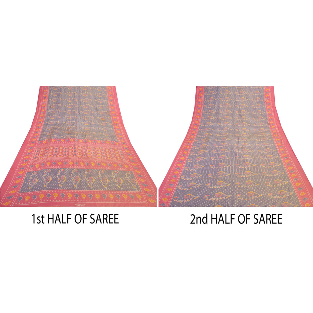 Sanskriti Vintage Sambalpuri Ikat Art Silk Saree Fabric: Handwoven Purple & Pink Floral Paisley by