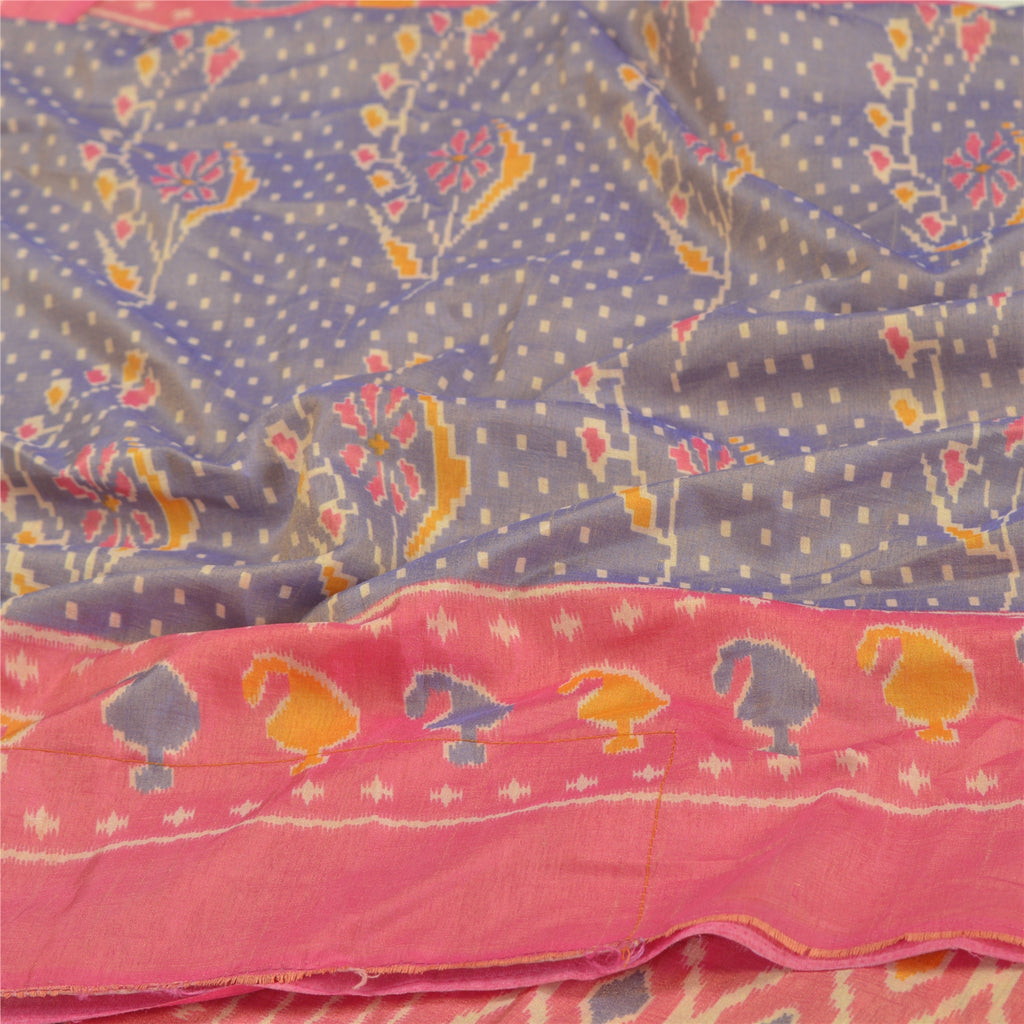Sanskriti Vintage Sambalpuri Ikat Art Silk Saree Fabric: Handwoven Purple & Pink Floral Paisley by