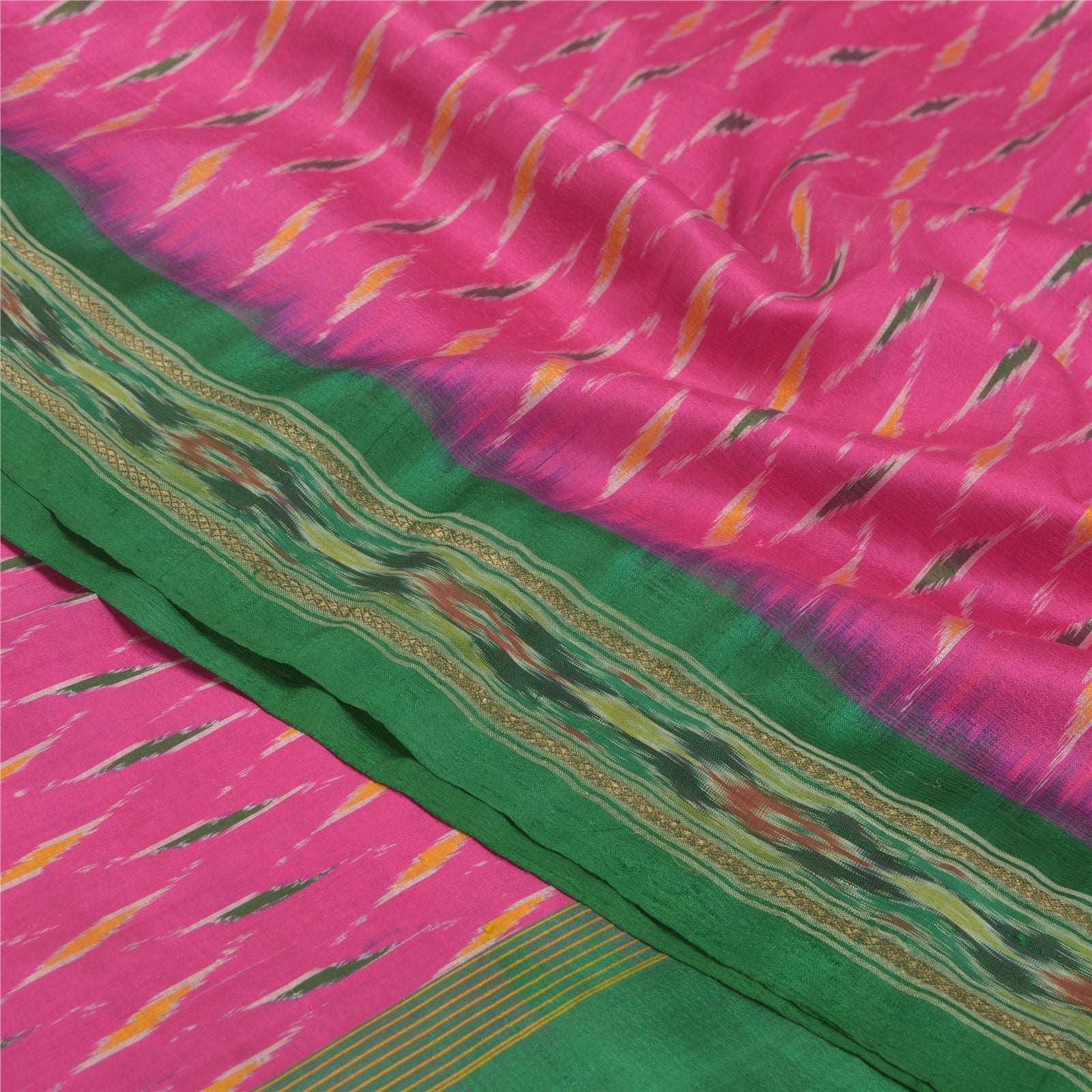 Sanskriti Vintage Pink Pochampally Ikat Silk Saree: Handwoven 5yd Fabric by