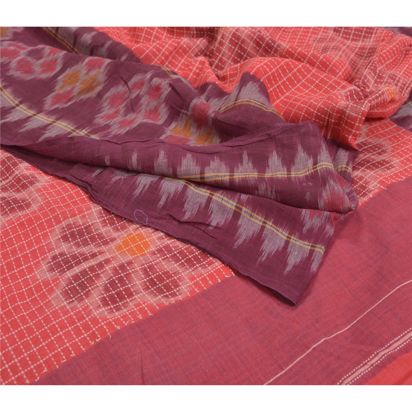 Sanskriti Vintage Sambalpuri Ikat Saree Handwoven Pure Cotton Sari Red Fabric