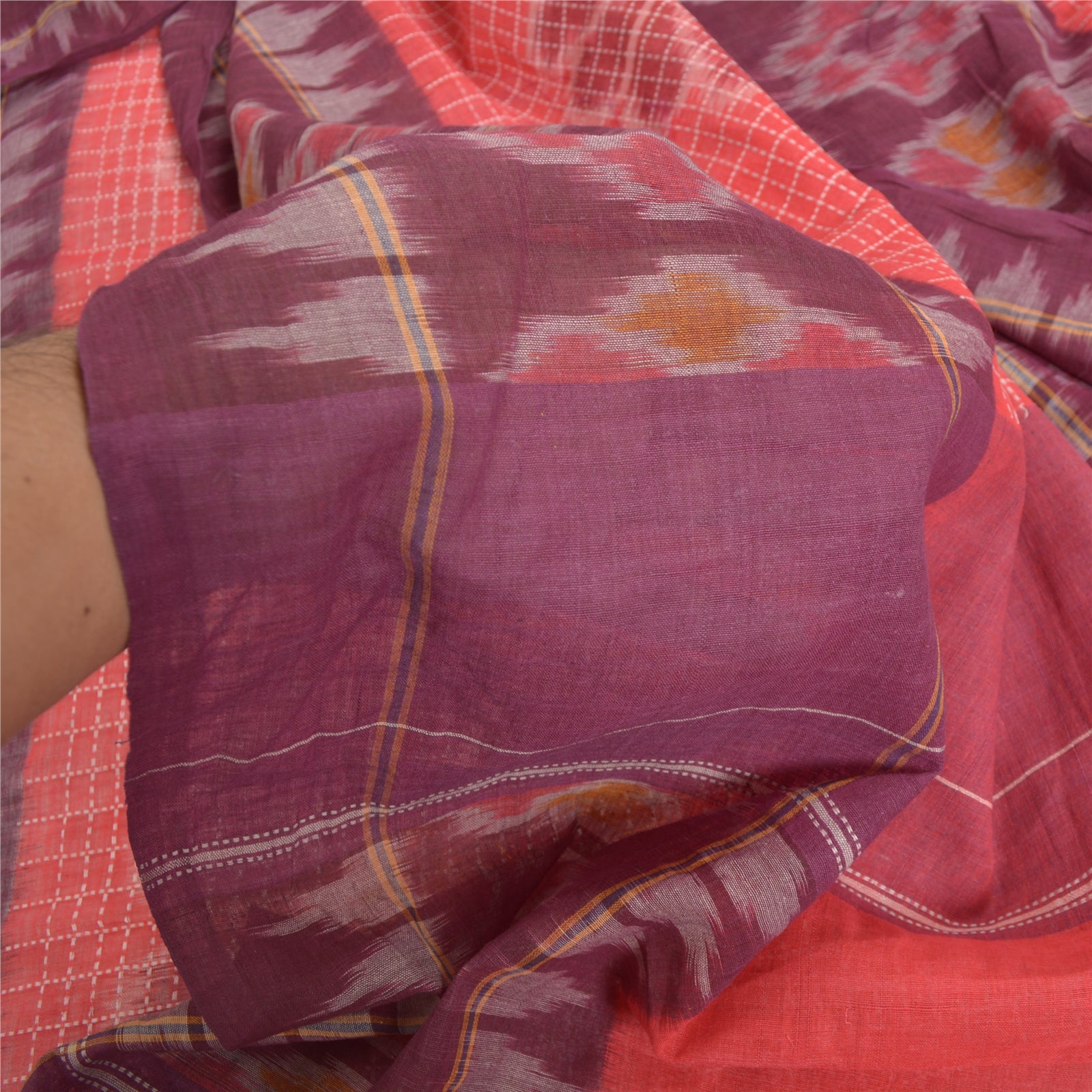 Sanskriti Vintage Sambalpuri Ikat Saree Handwoven Pure Cotton Sari Red Fabric
