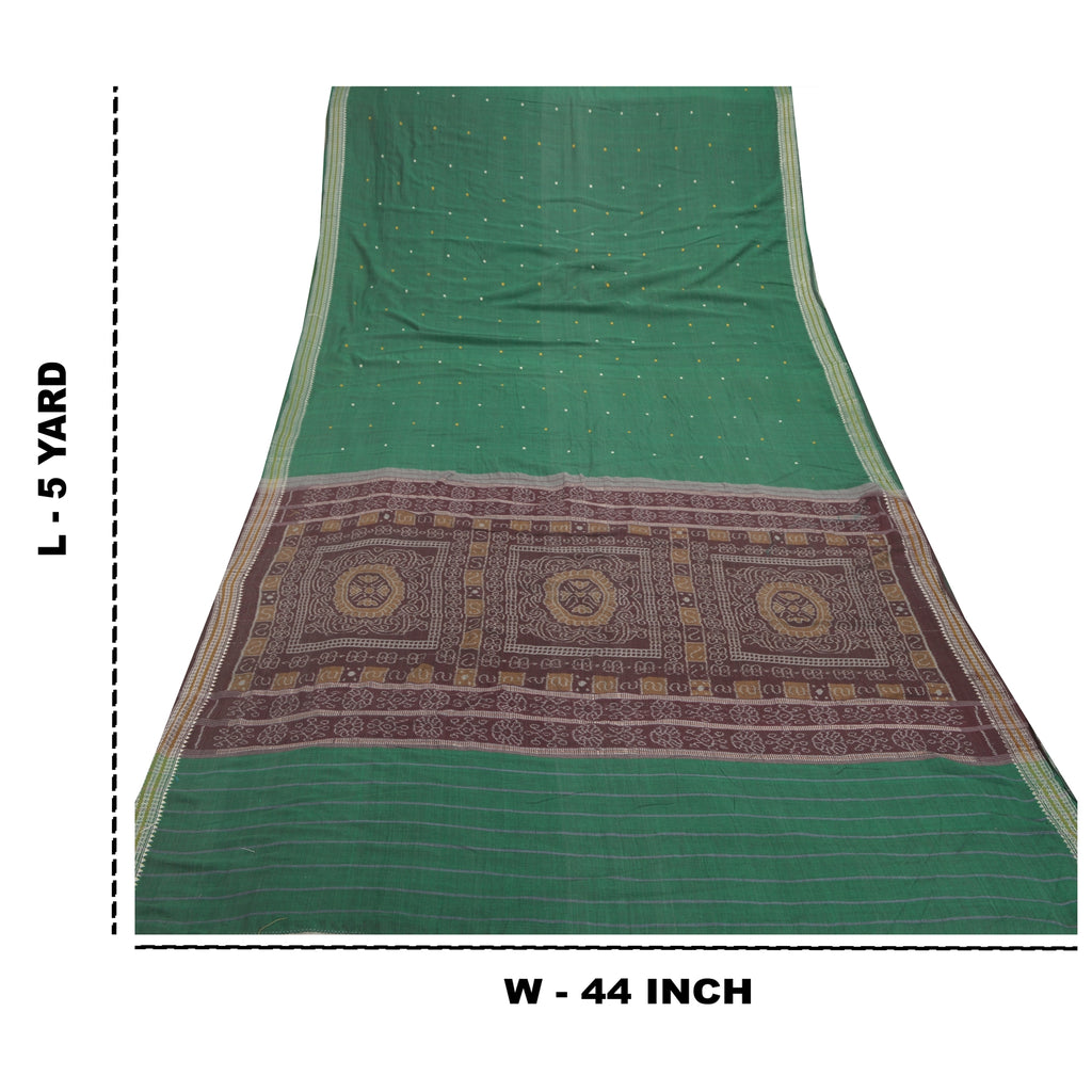 Sanskriti Vintage Handwoven Sambalpuri Ikat Saree: Green Cotton Sari Fabric 5yd