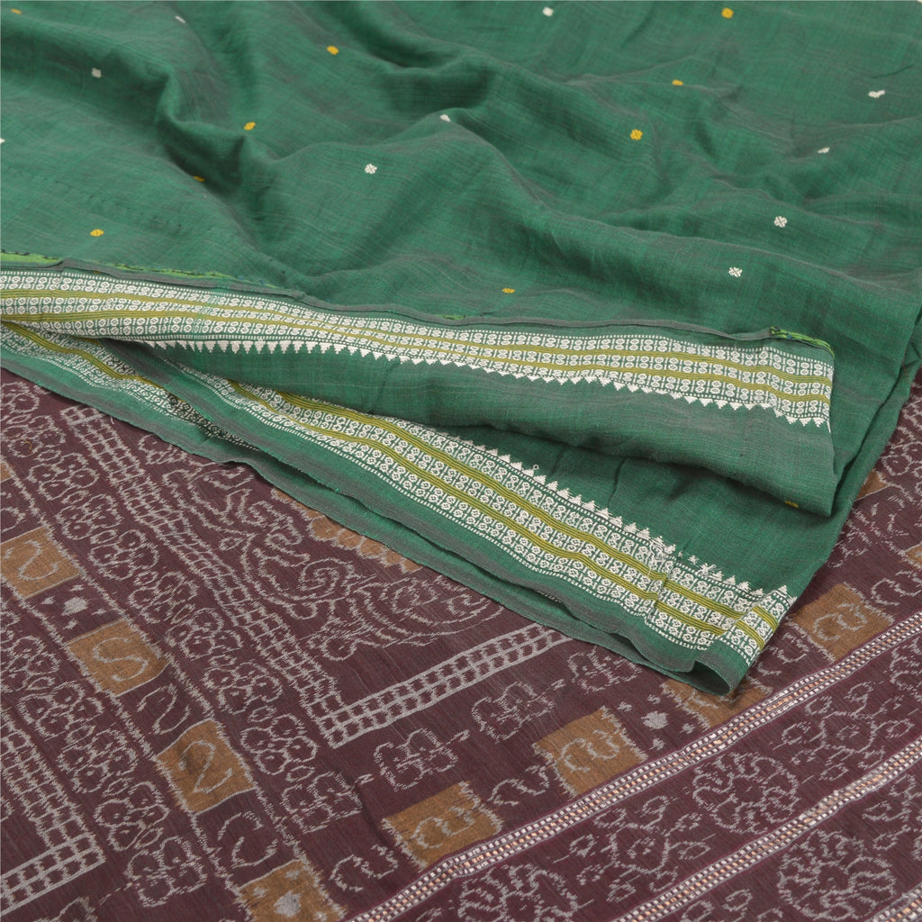 Sanskriti Vintage Handwoven Sambalpuri Ikat Saree: Green Cotton Sari Fabric 5yd