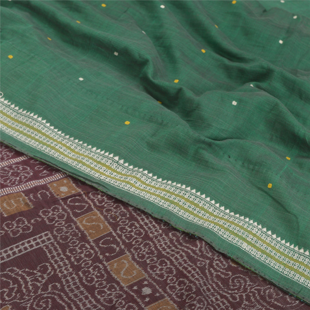 Sanskriti Vintage Handwoven Sambalpuri Ikat Saree: Green Cotton Sari Fabric 5yd