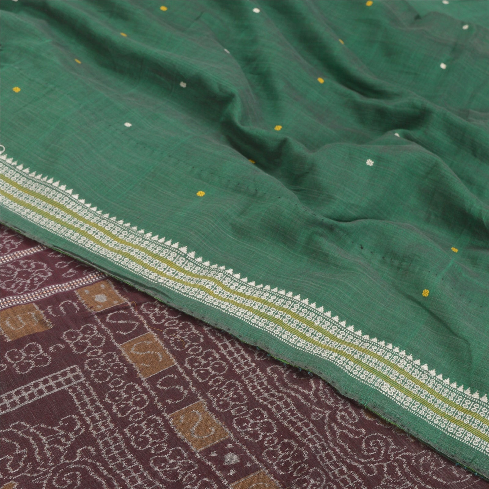 Sanskriti Vintage Handwoven Sambalpuri Ikat Saree: Green Cotton Sari Fabric 5yd