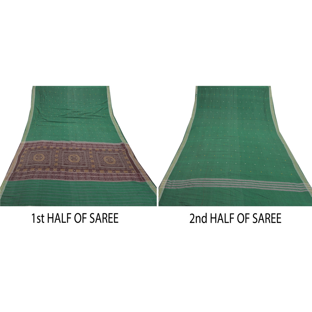 Sanskriti Vintage Handwoven Sambalpuri Ikat Saree: Green Cotton Sari Fabric 5yd