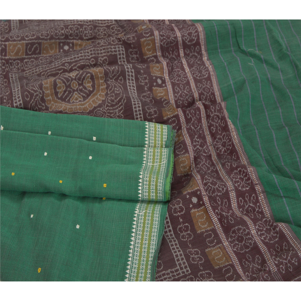 Sanskriti Vintage Handwoven Sambalpuri Ikat Saree: Green Cotton Sari Fabric 5yd