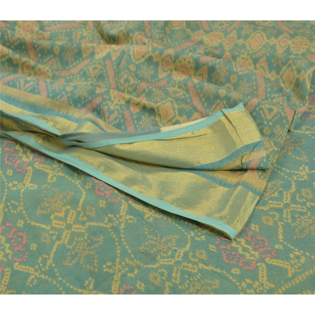 Sanskriti Vintage Sambalpuri Ikat Saree Handwoven Blend Cotton Sari Green Fabric