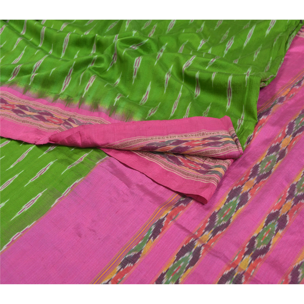 Sanskriti Vintage Pochampally Ikat Sarees Handwoven Pure Silk Green Sari Fabric