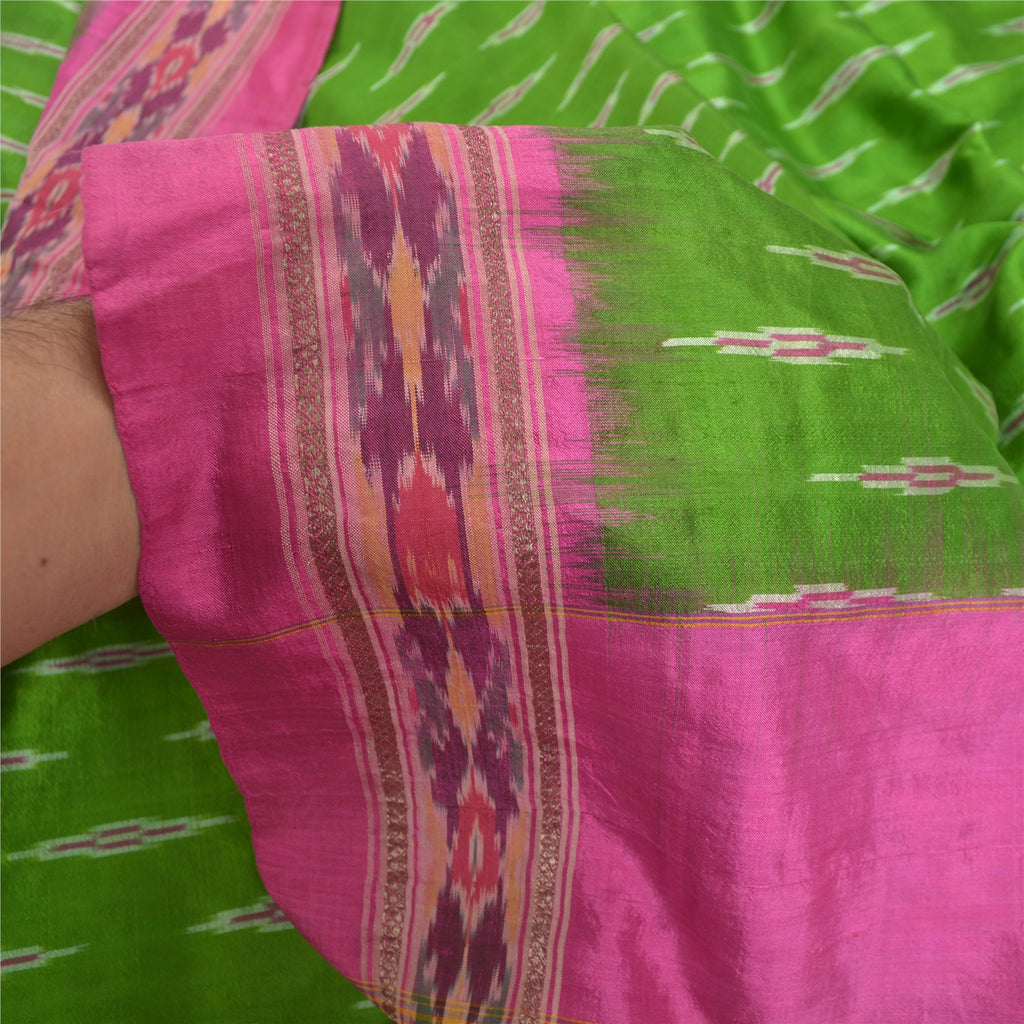 Sanskriti Vintage Handwoven Pochampally Ikat Silk Saree - Green Indian Heritage Textile by