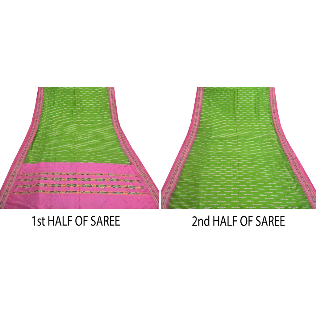 Sanskriti Vintage Handwoven Pochampally Ikat Silk Saree - Green Indian Heritage Textile by