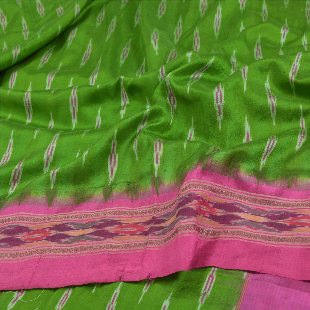 Sanskriti Vintage Handwoven Pochampally Ikat Silk Saree - Green Indian Heritage Textile by