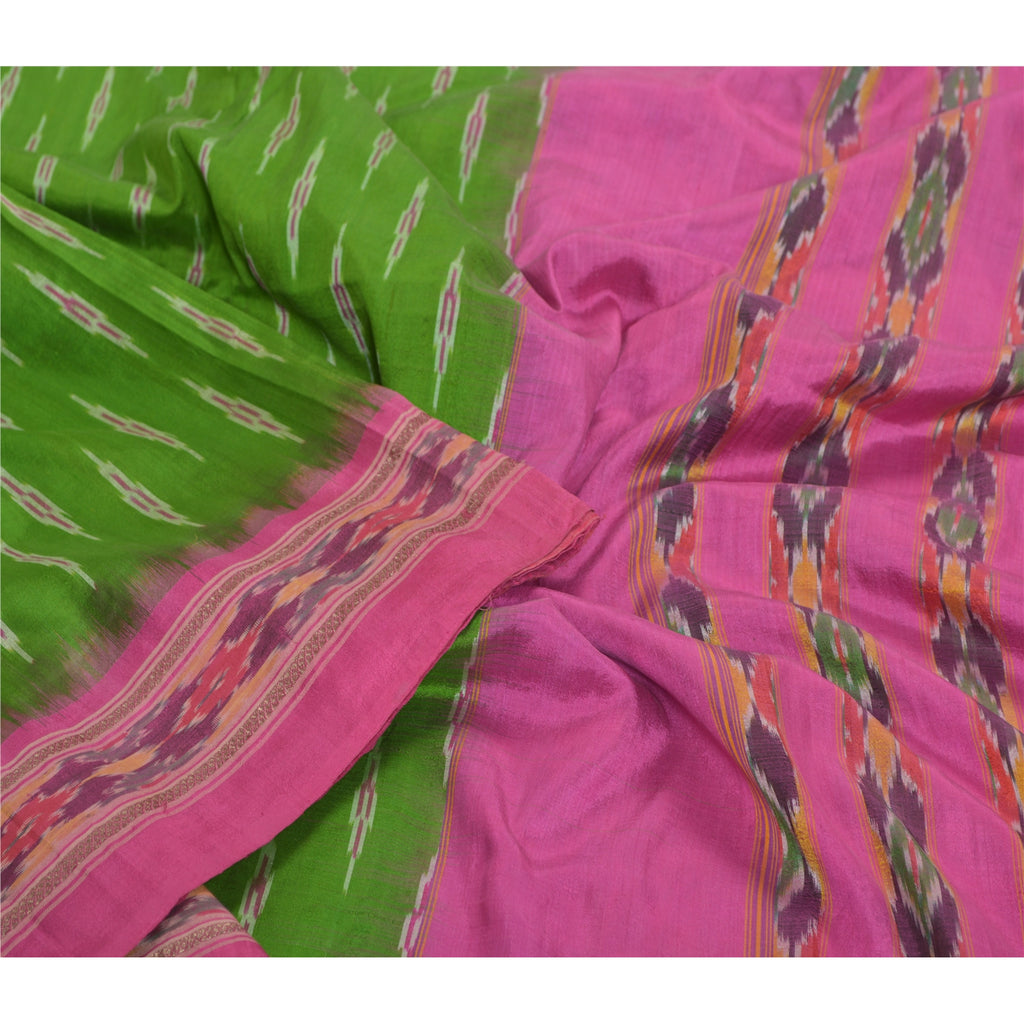 Sanskriti Vintage Handwoven Pochampally Ikat Silk Saree - Green Indian Heritage Textile by